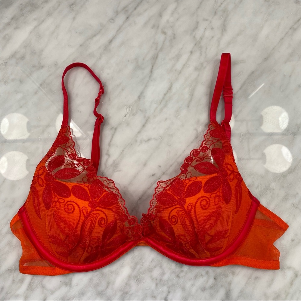 VS Very Sexy Plunge Orange & Pink Lace Bra